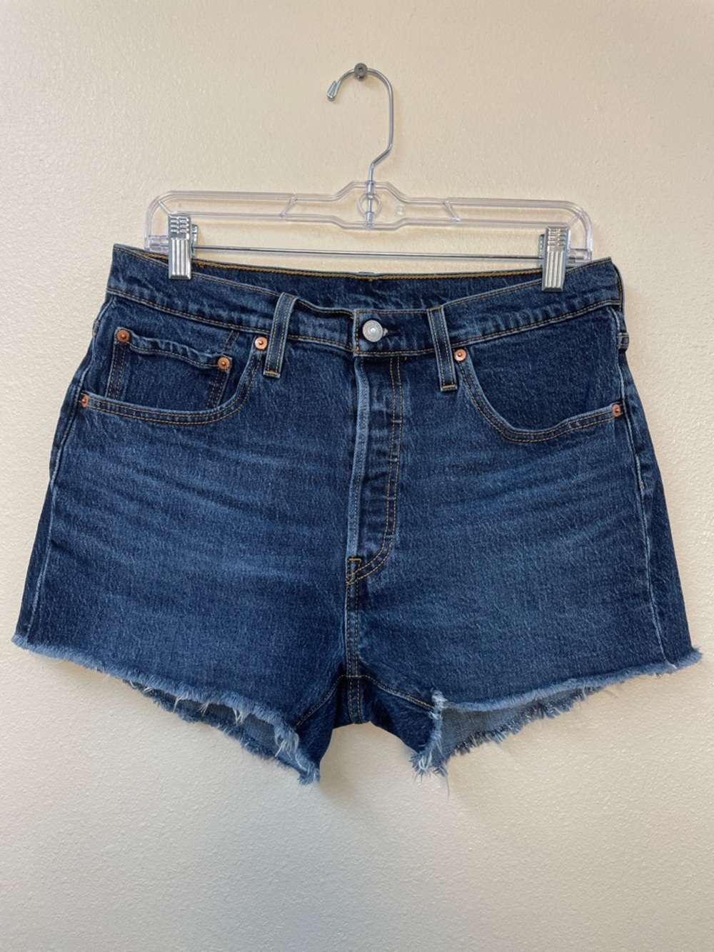Levi's 501 Dark Blue Denim Cutoff Shorts W31 Button Fly Red Back Pocket Tab